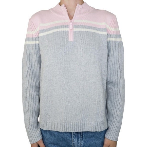 Vintage 90s Gray & Pink Striped Quarter Zip Sweater - Picture 1 of 5